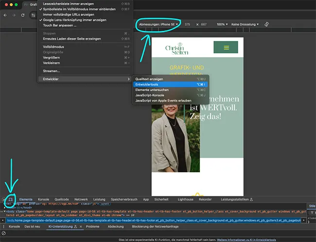 den responsiven Modus im Chrome Browser mit den Entwicklertools einstellen